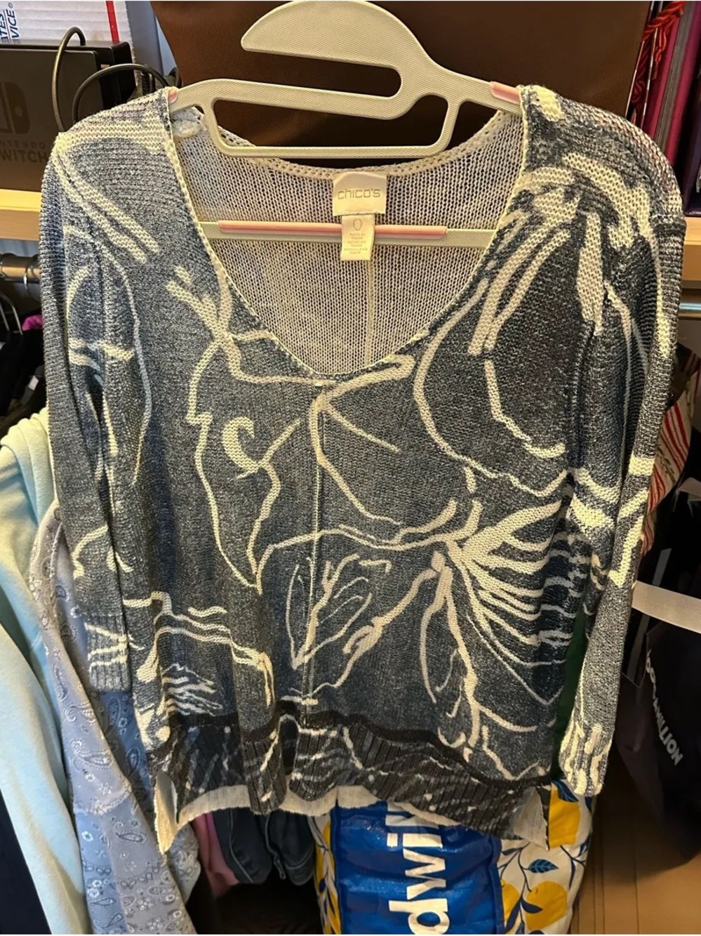 Chico's Navy and Cream Floral V-Neck Sweater